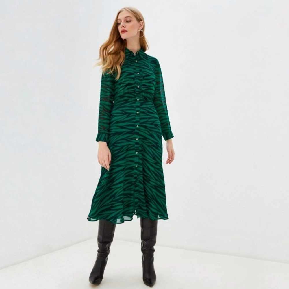 NEW Whistles Carys Tiger Print Midi Shirt Dress Green US 6